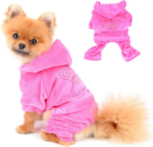 SELMAI Dog Hoodies Jumpsuit for Small Dog Cat Puppy Rhinestone Crown Soft Velvet Winter Hooded Pajamas Tracksuit Outfits Sportswear Jacket with Hat Training Outdoor Pink L