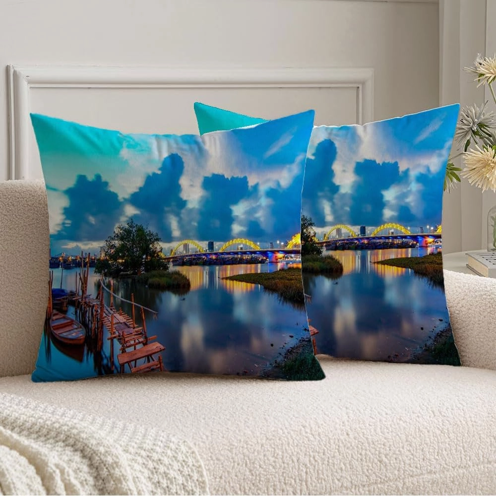 Set of 2 Decorative Throw Pillow Covers Orange Asian Da Nang Vietnam Dragon Bridge Sunset My Asia Red Beautiful CAU Rong Celebration China Cushion Case Polyetser Velvet for Fall Home Decor 20x20 Inch