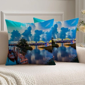 Set of 2 Decorative Throw Pillow Covers Orange Asian Da Nang Vietnam Dragon Bridge Sunset My Asia Red Beautiful CAU Rong Celebration China Cushion Case Polyetser Velvet for Fall Home Decor 20x20 Inch