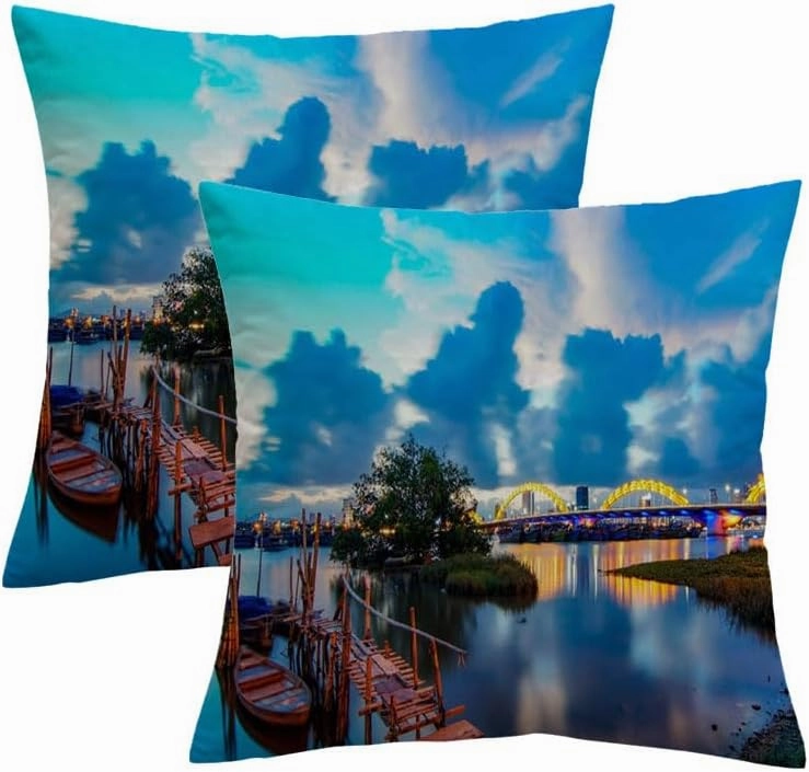 Set of 2 Decorative Throw Pillow Covers Orange Asian Da Nang Vietnam Dragon Bridge Sunset My Asia Red Beautiful CAU Rong Celebration China Cushion Case Polyetser Velvet for Fall Home Decor 20x20 Inch