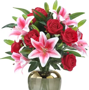 Sggvecsy 15Pcs Artificial Flowers Artificial Pink Lily Easter Tiger Lily Fake Velvet Roses Bouquet Faux Table Centerpiece for Home Wedding Party Valentine’s day Gifts Spring Easter Decoration(No Vase)