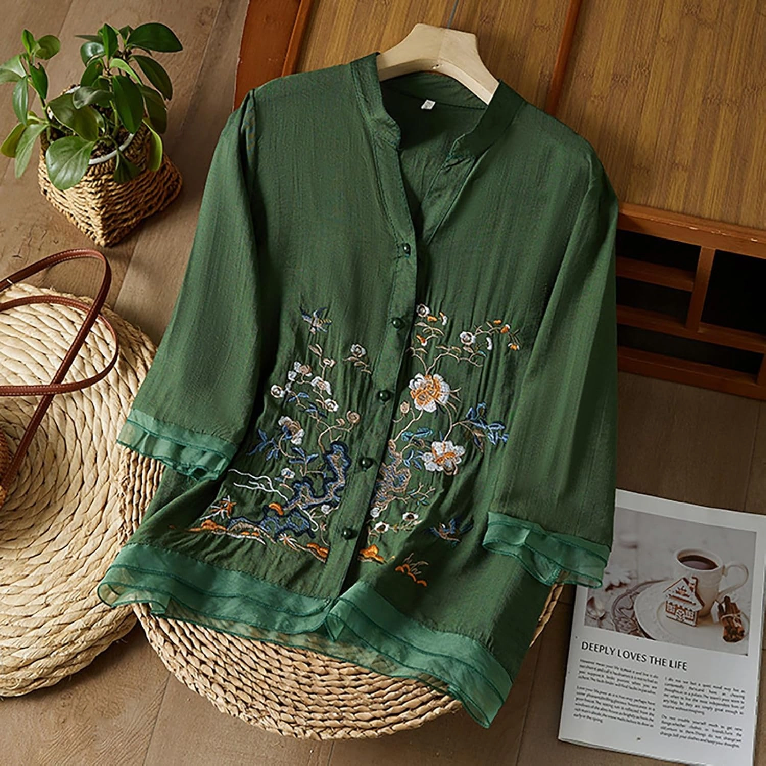 Shirts for Women 2025 Summer Trendy V Neck Roll up Sleeve Tops Boho Button Down Blouses Beach Swimsuit Coverup