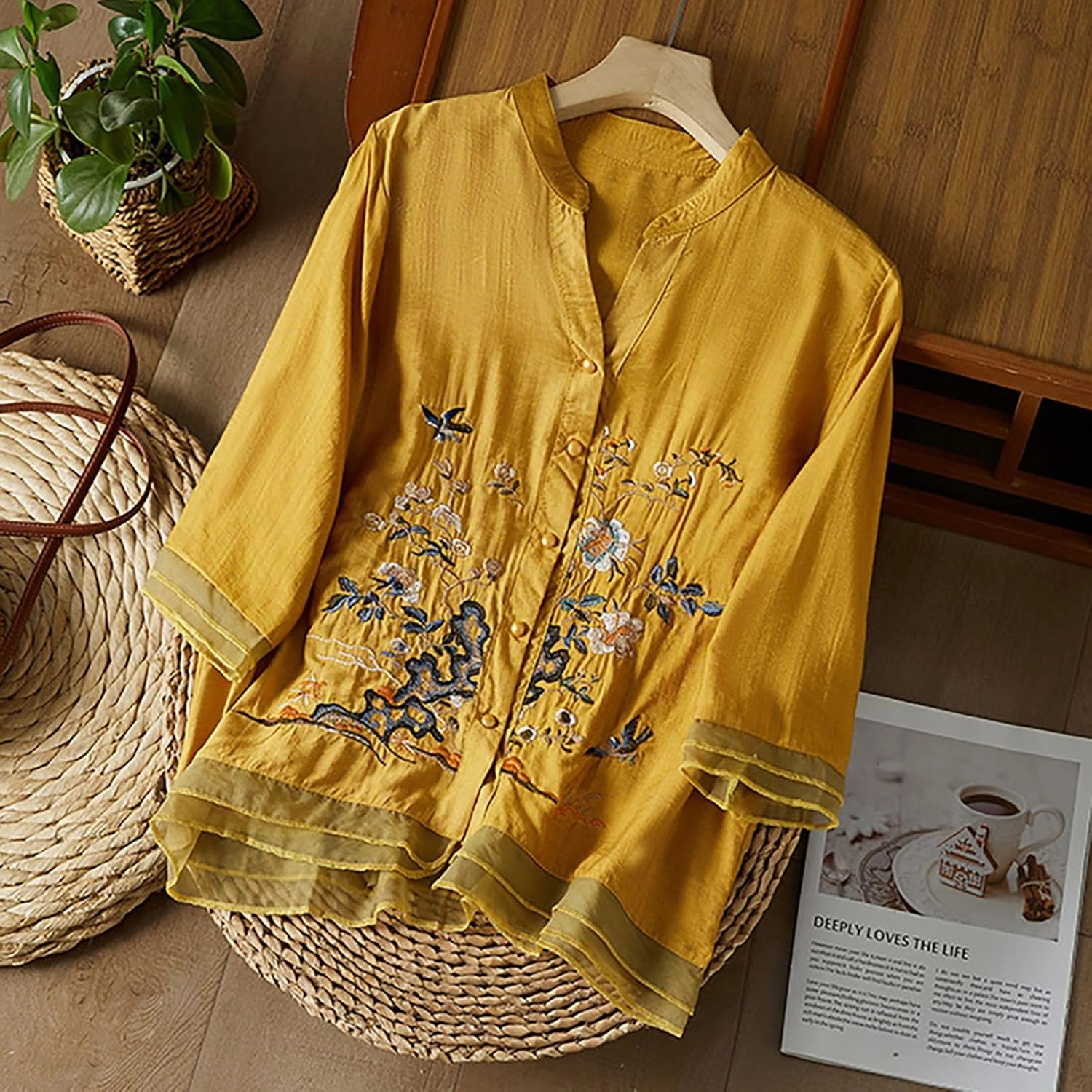 Shirts for Women 2025 Summer Trendy V Neck Roll up Sleeve Tops Boho Button Down Blouses Beach Swimsuit Coverup