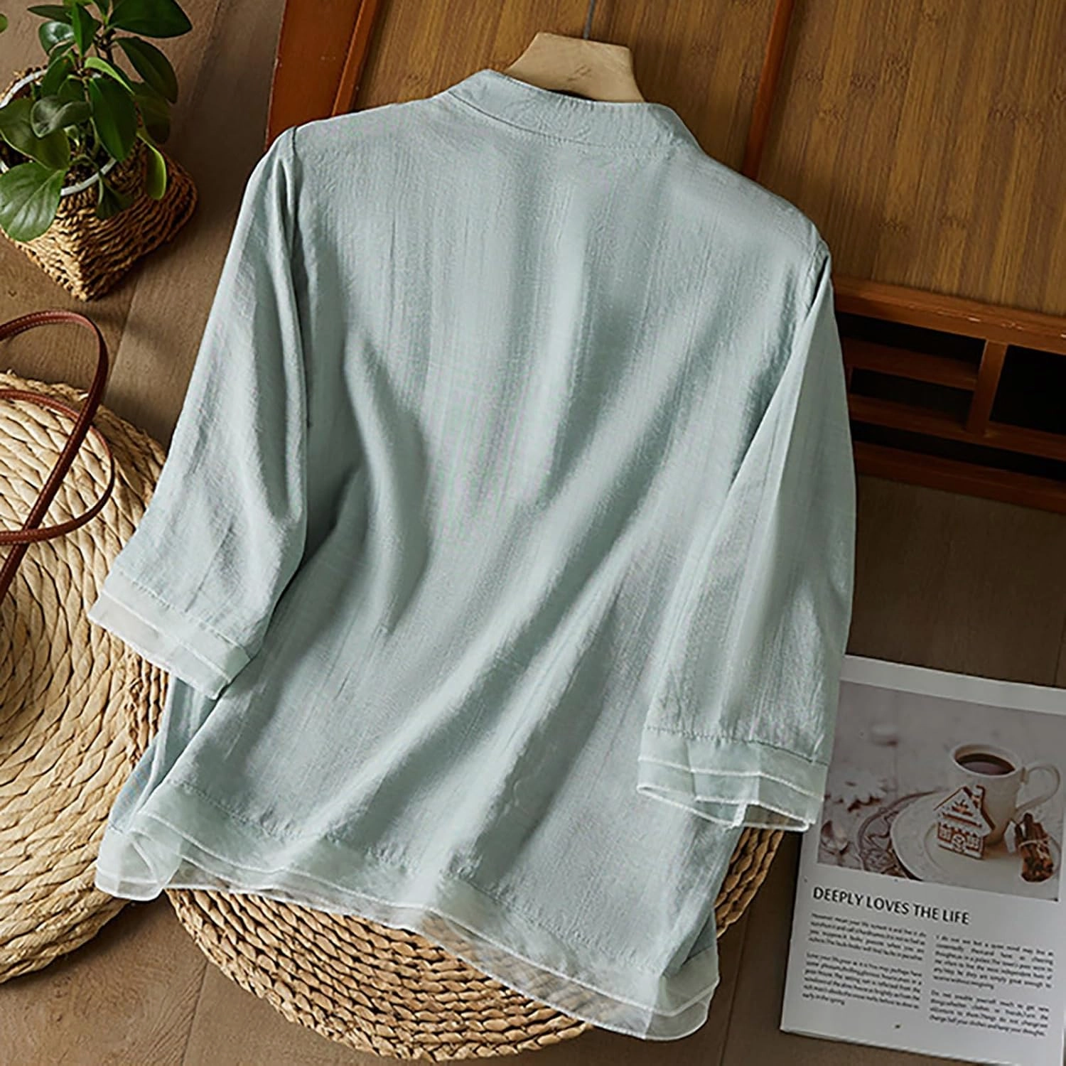 Shirts for Women 2025 Summer Trendy V Neck Roll up Sleeve Tops Boho Button Down Blouses Beach Swimsuit Coverup