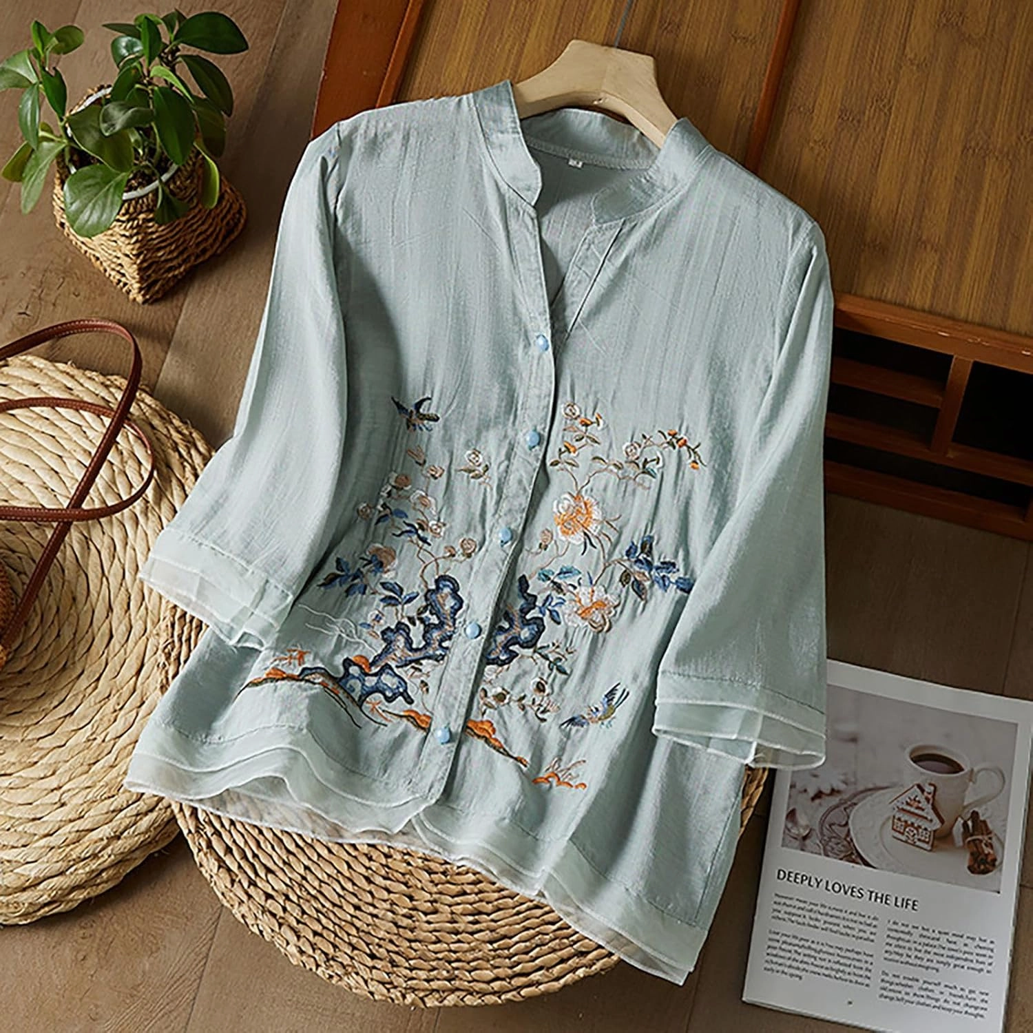 Shirts for Women 2025 Summer Trendy V Neck Roll up Sleeve Tops Boho Button Down Blouses Beach Swimsuit Coverup