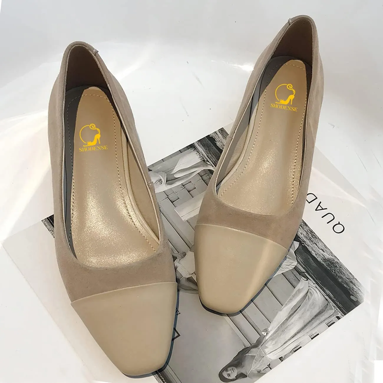 SHODENSE Women Cap Toe Flats Suede Slip On Square Closed Toe Ballet Flats Two-Toned Flat Heel Dress Shoes Ladies Girls Office Work Flat Shoes Daily Causal Fall Club Driver Flats Comfort 4-11 M US