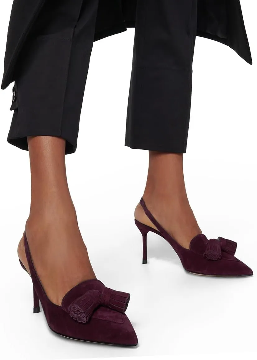 SHODENSE Women Kitten Heel Slingback Pumps Pointed Toe Suede Elastic Ankle Strap Sandals Fringe Closed Pointy Toe High Heels Stiletto Pumps Tassel Backless Dress Shoes Office Ladies Elegant 4-11 M US