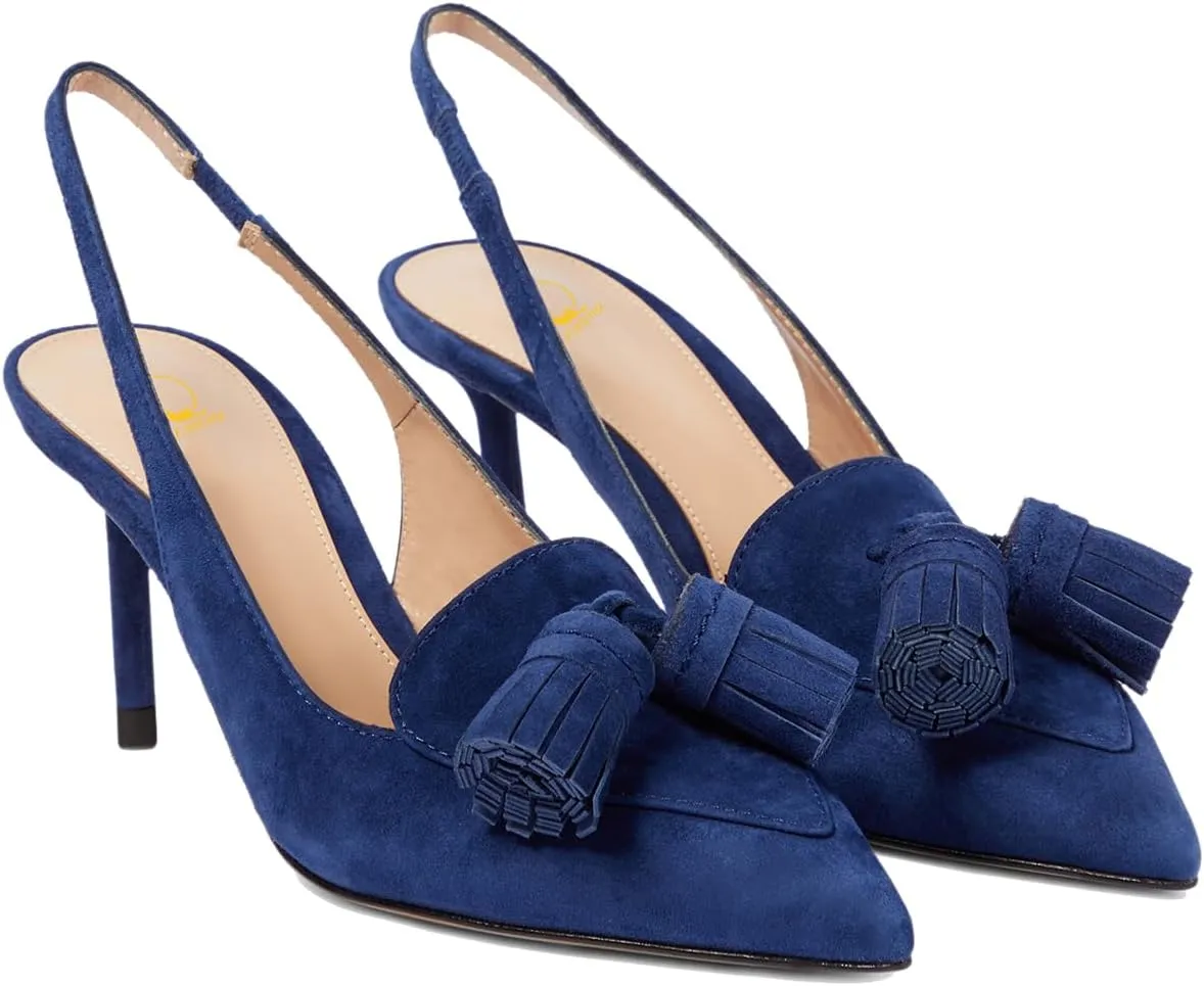 SHODENSE Women Kitten Heel Slingback Pumps Pointed Toe Suede Elastic Ankle Strap Sandals Fringe Closed Pointy Toe High Heels Stiletto Pumps Tassel Backless Dress Shoes Office Ladies Elegant 4-11 M US