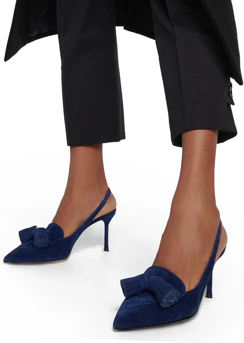 SHODENSE Women Kitten Heel Slingback Pumps Pointed Toe Suede Elastic Ankle Strap Sandals Fringe Closed Pointy Toe High Heels Stiletto Pumps Tassel Backless Dress Shoes Office Ladies Elegant 4-11 M US