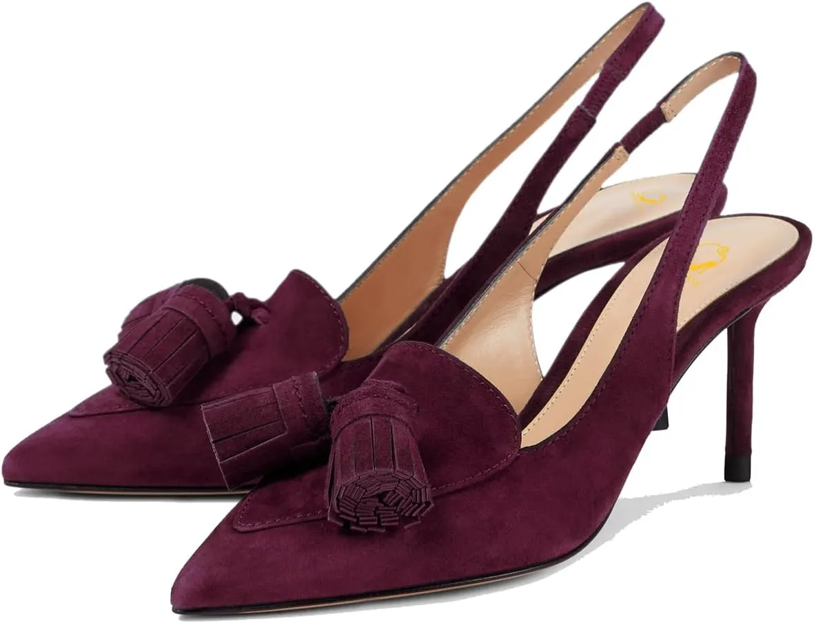 SHODENSE Women Kitten Heel Slingback Pumps Pointed Toe Suede Elastic Ankle Strap Sandals Fringe Closed Pointy Toe High Heels Stiletto Pumps Tassel Backless Dress Shoes Office Ladies Elegant 4-11 M US