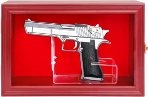 Single Handgun Pistol Revolver Gun Display Case Wall Mount Lockable Black Felt Wood Cabinet w/ 98% UV Protection Acrylic Clear Door Gun Shadow Box Stand Rack Holder