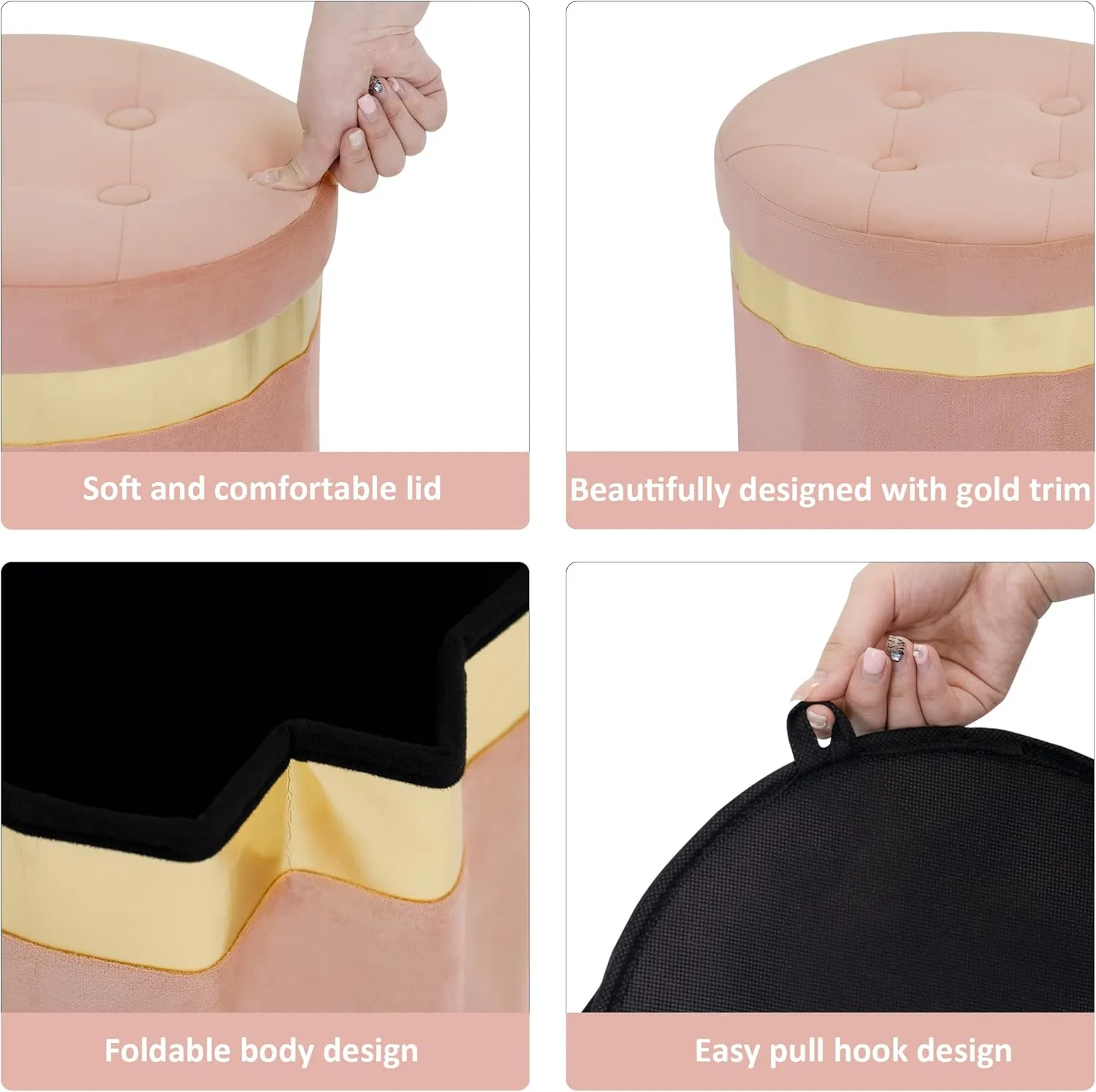 Small Ottoman with Storage,Folding Round Ottoman with Gold Trim,Velvet Storage Stool,Foot Stool with Soft Padded,Foot Rest for Living Room13“x13”x12.4(Pink,2pcs)