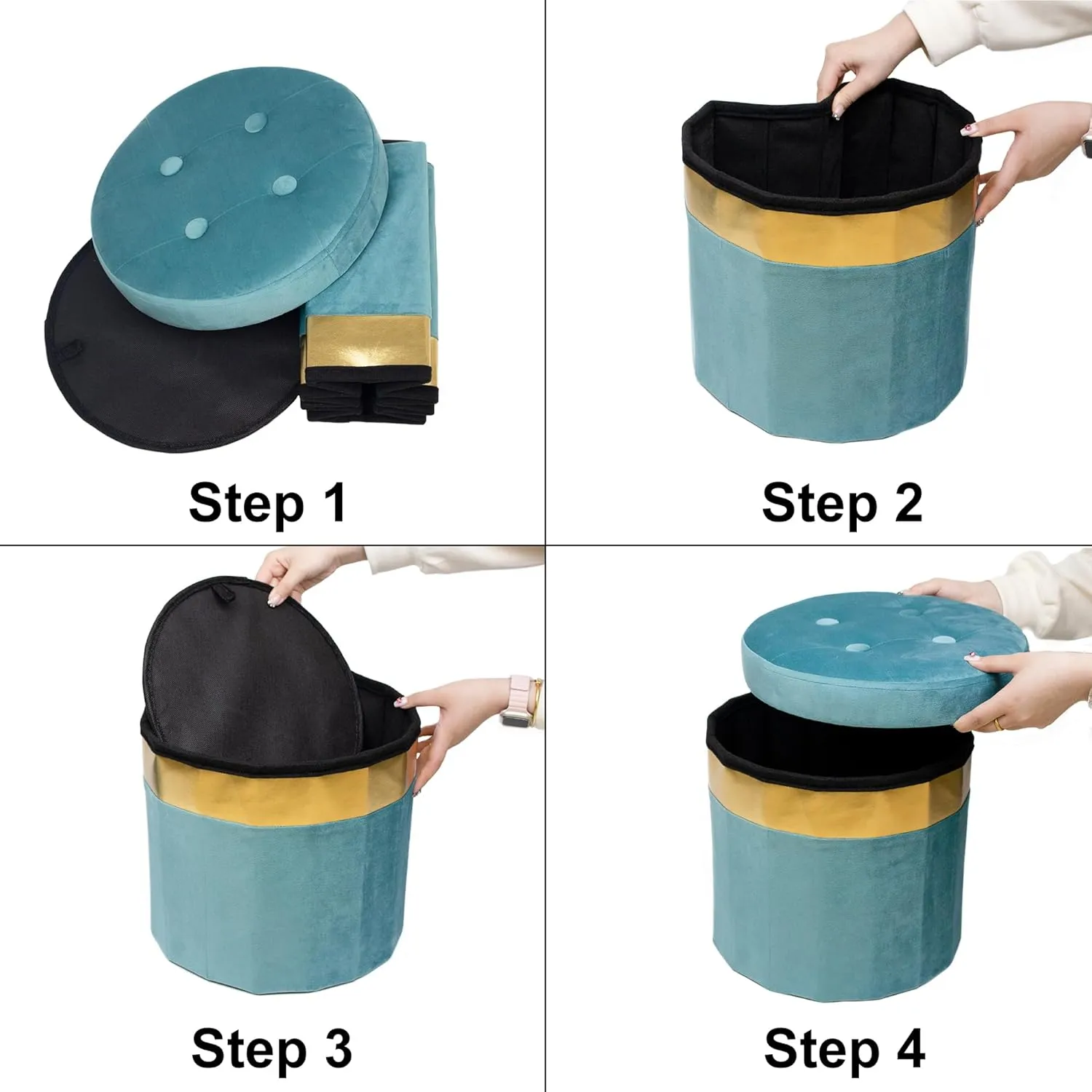 Small Ottoman with Storage,Folding Round Ottoman with Gold Trim,Velvet Storage Stool,Foot Stool with Soft Padded,Foot Rest for Living Room13“x13”x12.4(Pink,2pcs)
