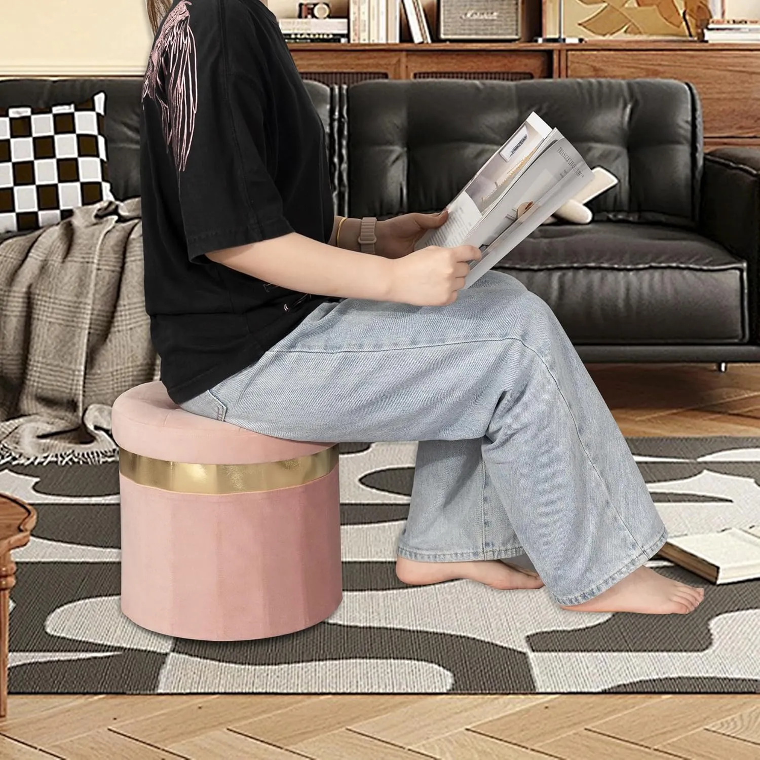 Small Ottoman with Storage,Folding Round Ottoman with Gold Trim,Velvet Storage Stool,Foot Stool with Soft Padded,Foot Rest for Living Room13“x13”x12.4(Pink,2pcs)