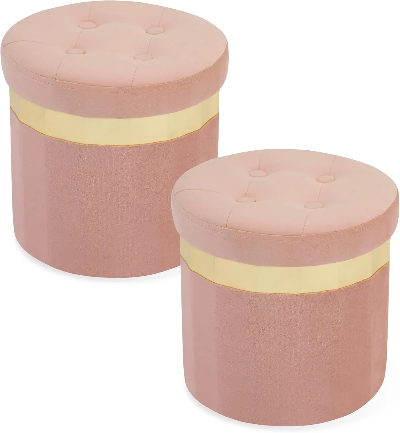 Small Ottoman with Storage,Folding Round Ottoman with Gold Trim,Velvet Storage Stool,Foot Stool with Soft Padded,Foot Rest for Living Room13“x13”x12.4(Pink,2pcs)