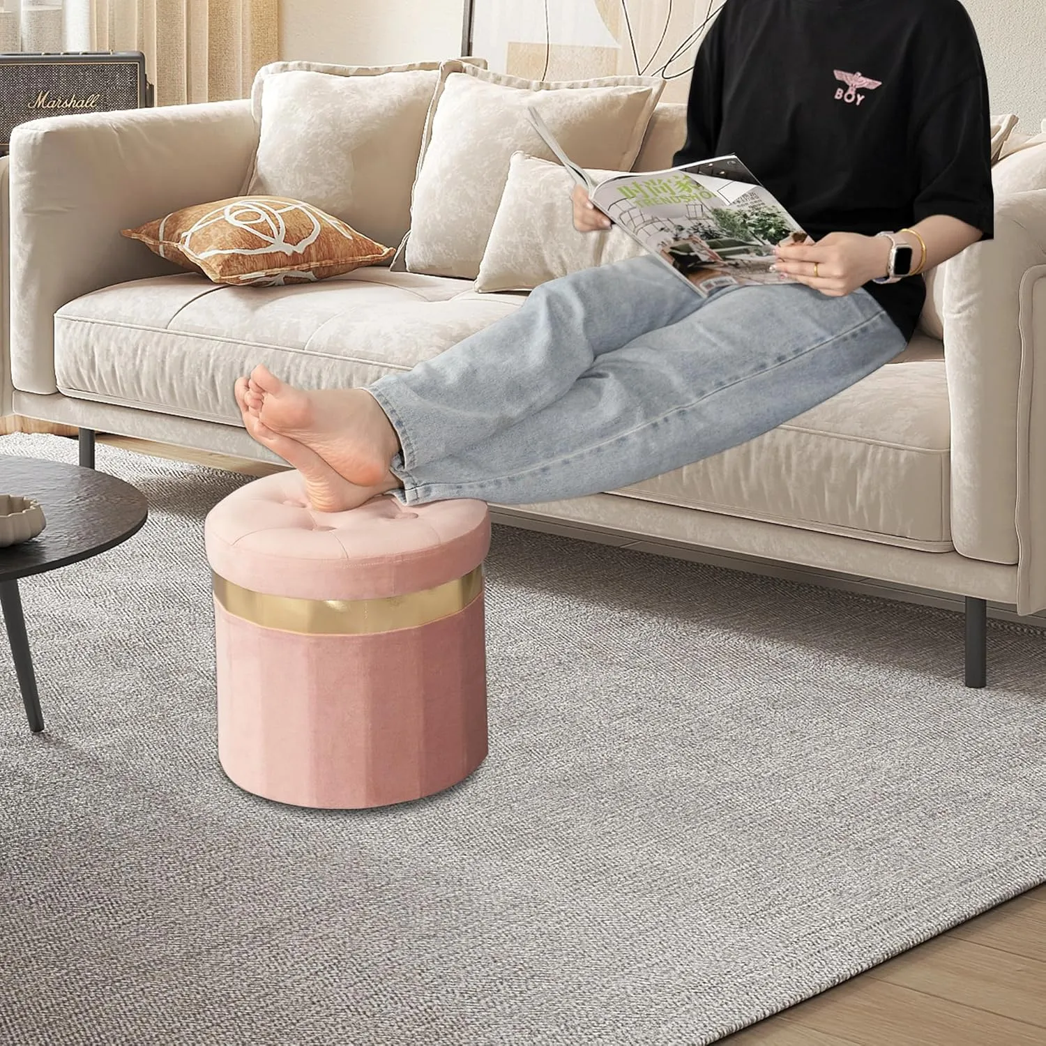 Small Ottoman with Storage,Folding Round Ottoman with Gold Trim,Velvet Storage Stool,Foot Stool with Soft Padded,Foot Rest for Living Room13“x13”x12.4(Pink,2pcs)
