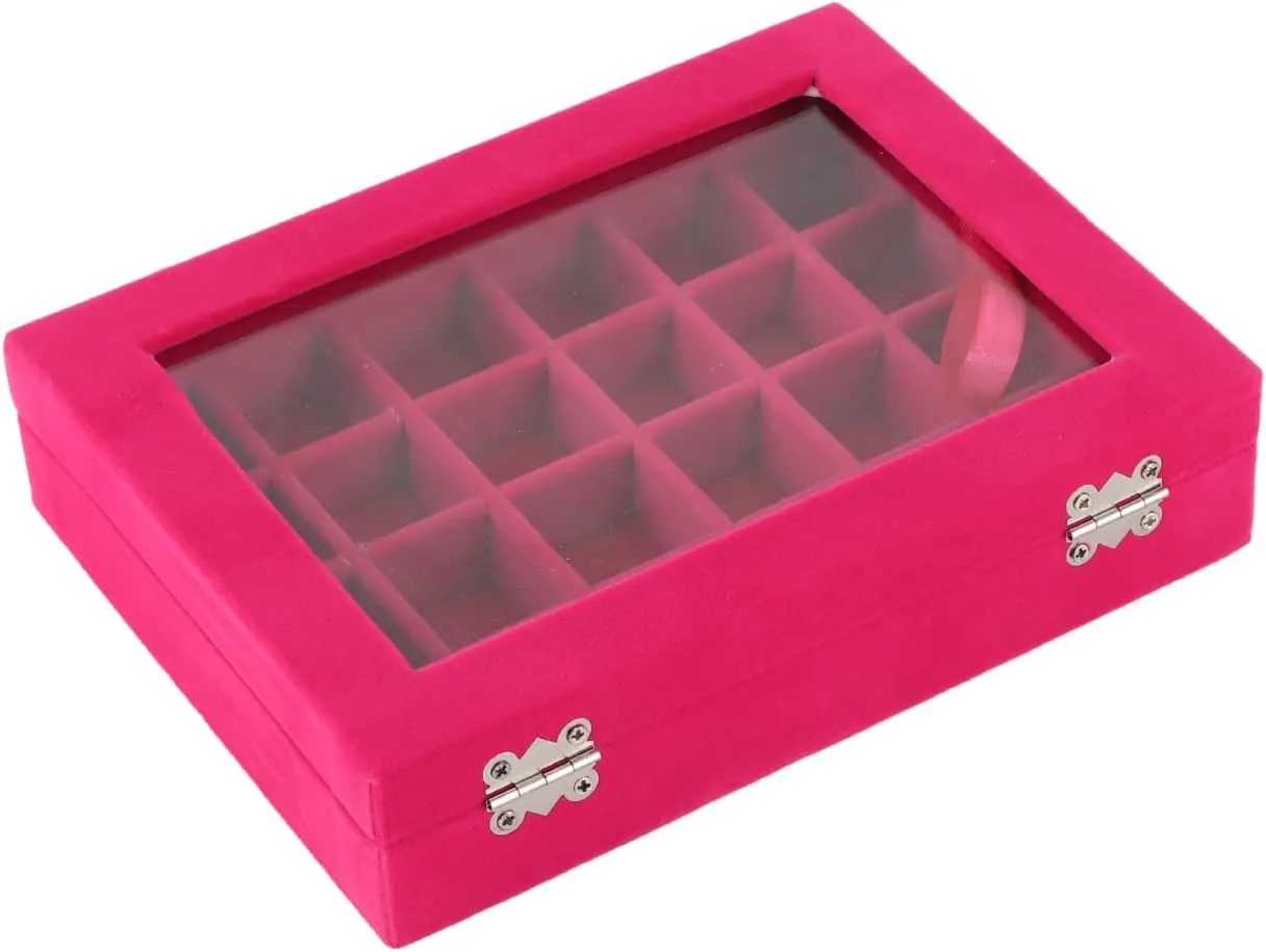 Small velvet jewellery box storage box, 24 compartments, jewellery box, earring and ring storage box, lockable jewellery box, grey, can store earrings, necklaces, etc. (Red)