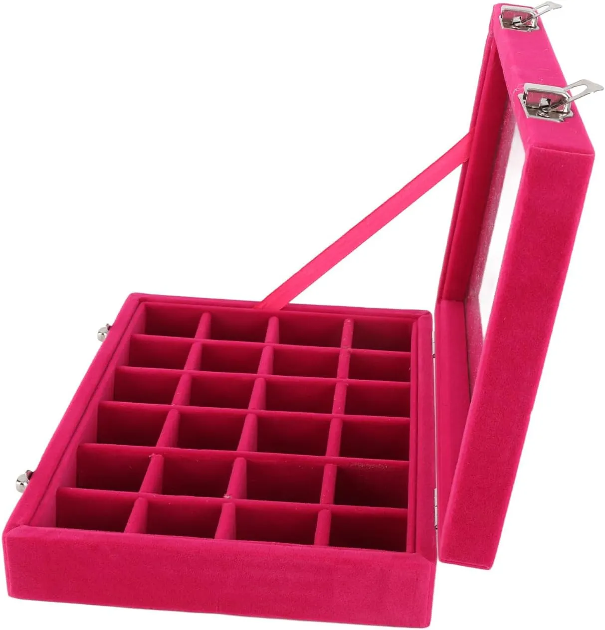 Small velvet jewellery box storage box, 24 compartments, jewellery box, earring and ring storage box, lockable jewellery box, grey, can store earrings, necklaces, etc. (Red)