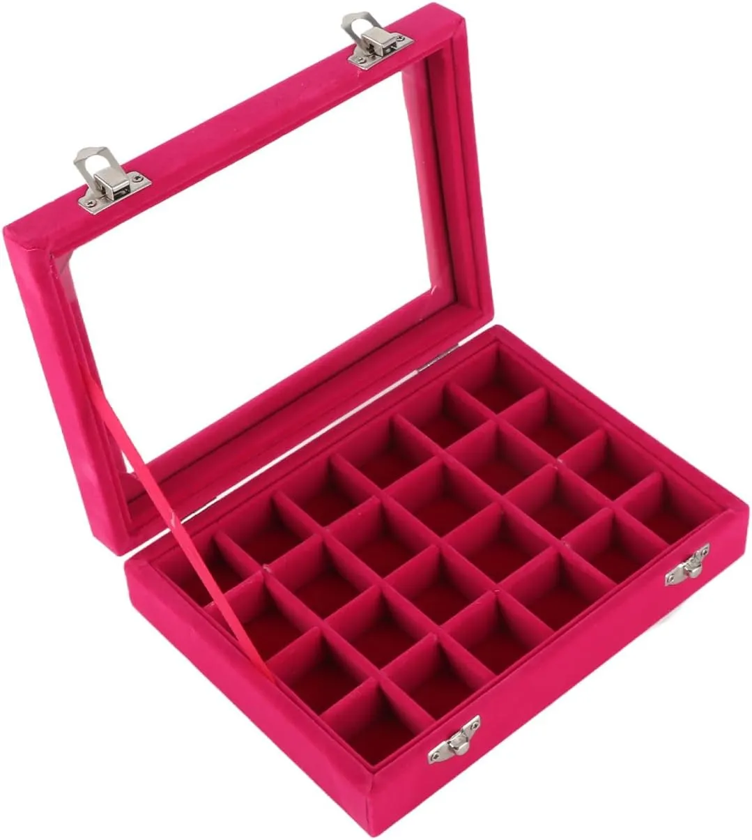 Small velvet jewellery box storage box, 24 compartments, jewellery box, earring and ring storage box, lockable jewellery box, grey, can store earrings, necklaces, etc. (Red)