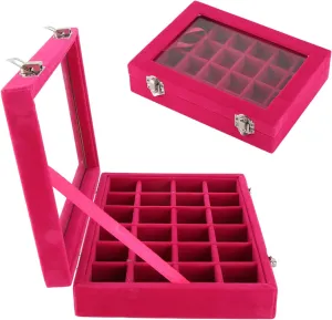 Small velvet jewellery box storage box, 24 compartments, jewellery box, earring and ring storage box, lockable jewellery box, grey, can store earrings, necklaces, etc. (Red)