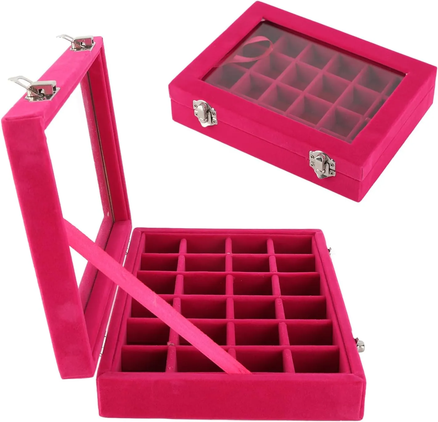 Small velvet jewellery box storage box, 24 compartments, jewellery box, earring and ring storage box, lockable jewellery box, grey, can store earrings, necklaces, etc. (Red)