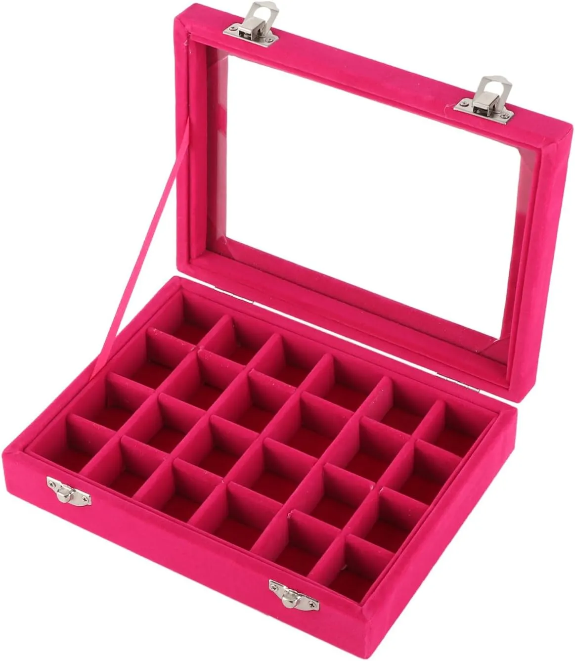 SMALL VELVET JEWELRY BOX Organiser ELEGANT LOCKED CASE 24 COMPARTMENTS DISPLAY TRAY JEWELRY STORAGE Souvenirs WOMEN (Red)
