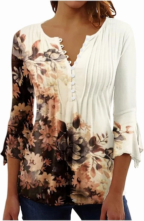 SMIDOW Three Quarter Bell Sleeve Tops for Women Fashion Summer Tunic Shirt 3/4 Sleeve Henley v Neck Boho Floral Tshirt Blouse