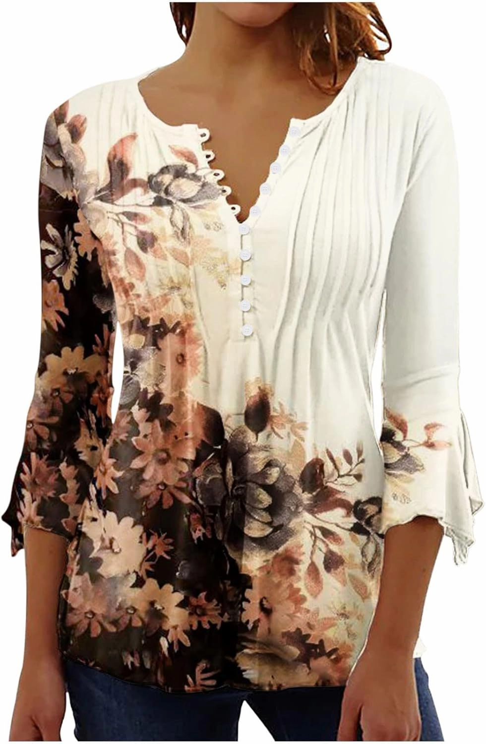 SMIDOW Three Quarter Bell Sleeve Tops for Women Fashion Summer Tunic Shirt 3/4 Sleeve Henley v Neck Boho Floral Tshirt Blouse