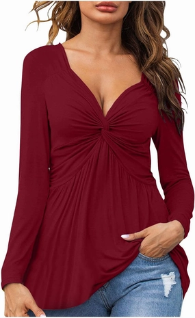 SMIDOW Womens Sexy Twist Front v Neck Tops Trendy Spring Long Sleeve Shirts Solid Casual Loose Comfy Pleated Blouse