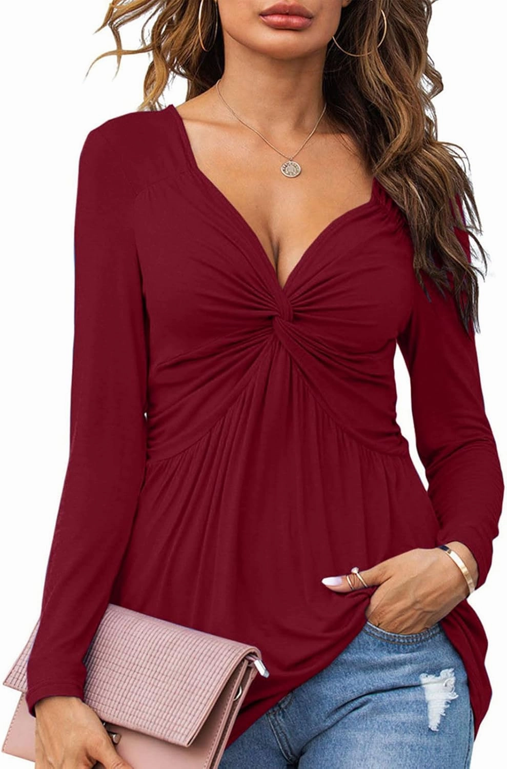 SMIDOW Womens Sexy Twist Front v Neck Tops Trendy Spring Long Sleeve Shirts Solid Casual Loose Comfy Pleated Blouse