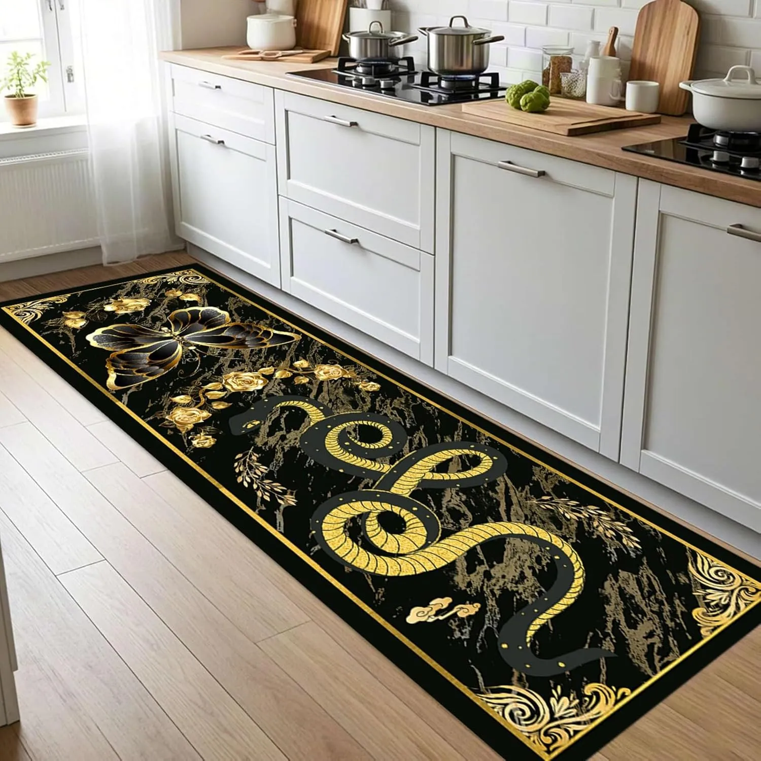 Snake Decor Floor Runner 2x7ft Abstract Black Gold Marble Butterfly Serpent Print Hallway Runners Durable Long Kitchen Rug Anti-Skid Runner Carpet for Bedside
