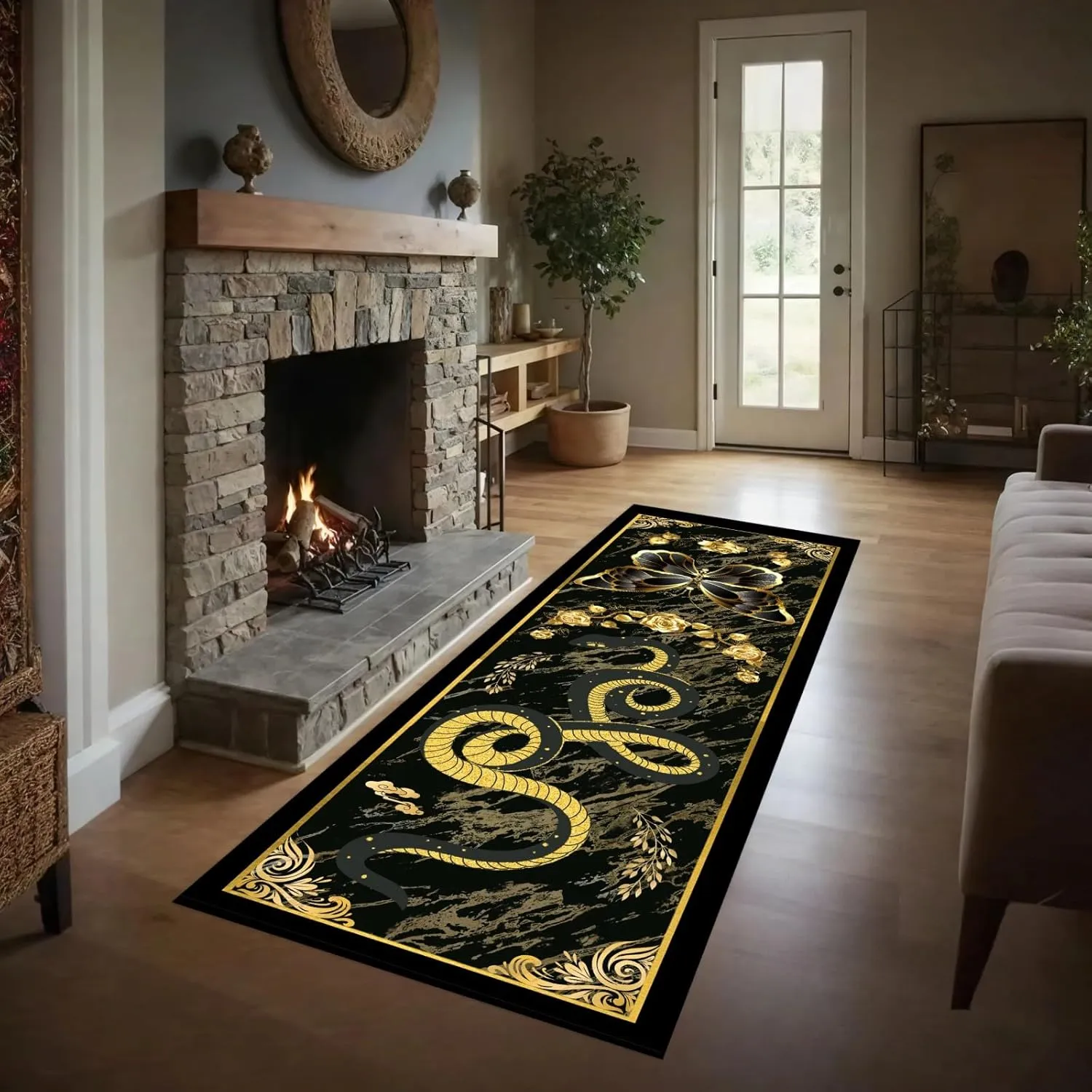 Snake Decor Floor Runner 2x7ft Abstract Black Gold Marble Butterfly Serpent Print Hallway Runners Durable Long Kitchen Rug Anti-Skid Runner Carpet for Bedside