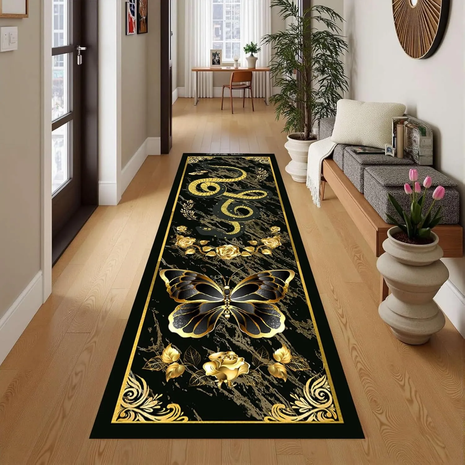 Snake Decor Floor Runner 2x7ft Abstract Black Gold Marble Butterfly Serpent Print Hallway Runners Durable Long Kitchen Rug Anti-Skid Runner Carpet for Bedside