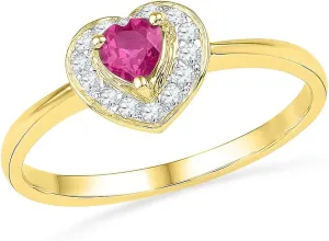 Solid 10k Yellow Gold Heart Round Pink Simulated Sapphire and White Diamond Engagement Ring OR Fashion Band Prong Set Solitaire Shaped Halo Ring (1/10 cttw)