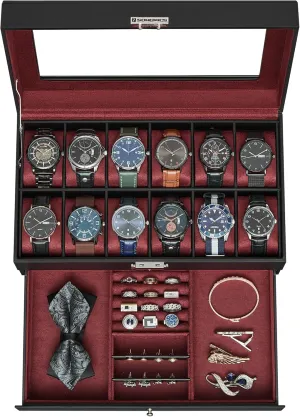 SONGMICS 12-Slot Watch Box, Lockable Watch Case with Glass Lid, 2 Layers, with 1 Drawer for Rings, Bracelets, Gift Idea, Black Synthetic Leather, Wine Red Lining UJWB012R01