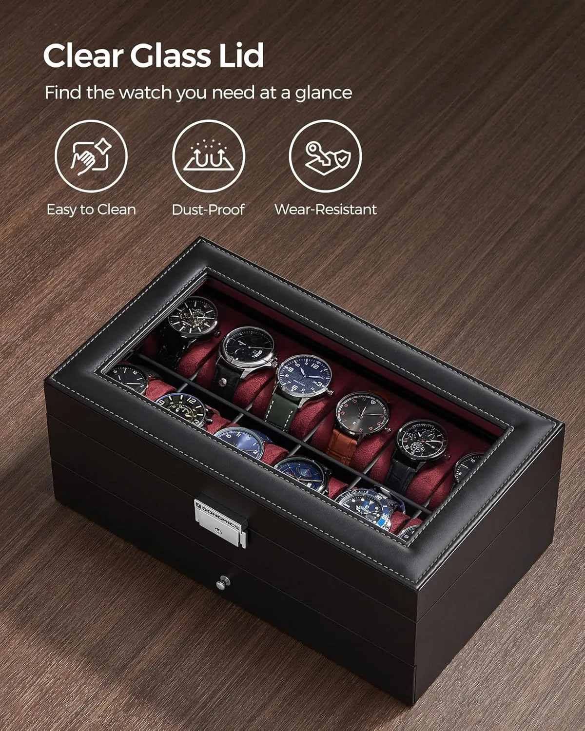 SONGMICS 12-Slot Watch Box, Lockable Watch Case with Glass Lid, 2 Layers, with 1 Drawer for Rings, Bracelets, Gift Idea, Black Synthetic Leather, Wine Red Lining UJWB012R01