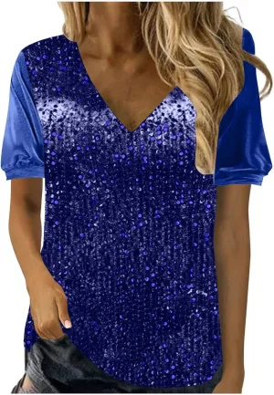 Sparkly Tops for Women Fashion Sequin Half Sleeve Shirts Casual Soft Crewneck Velvet Sparkly Shimmer Party Blouses