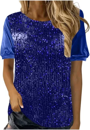 Sparkly Tops for Women Fashion Sequin Half Sleeve Shirts Casual Soft Crewneck Velvet Sparkly Shimmer Party Blouses