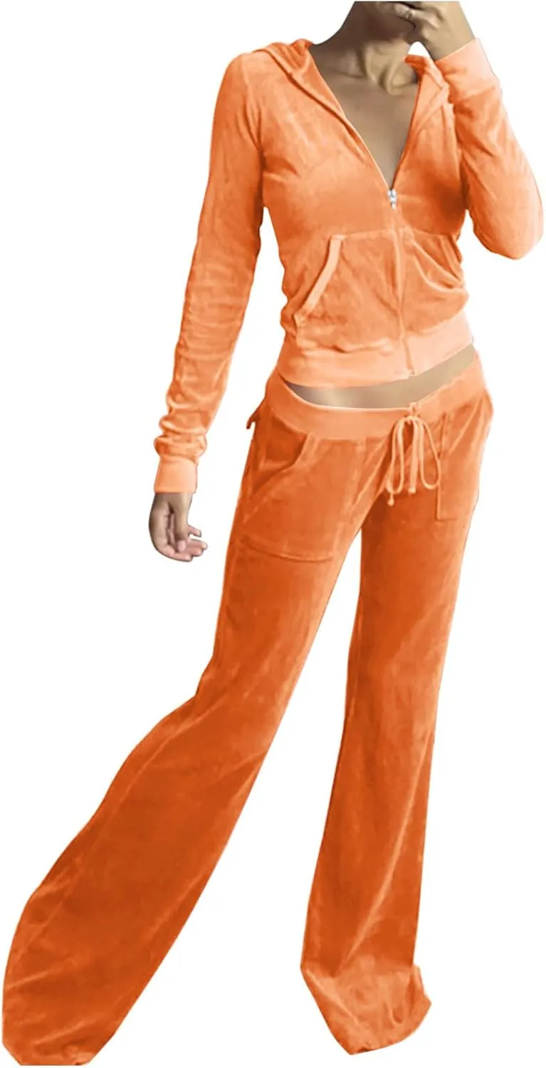 Stessotudo Lounge Sets for Women Zip Up Casual 2 Piece Pant Sets Long Sleeve Hooded Sweatshirts Comfy Velvet Fashion Outfits