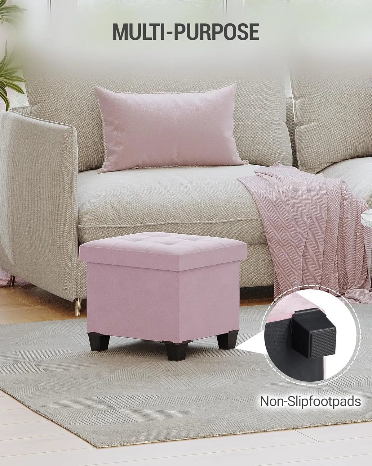 Storage Ottoman, Foldable Ottoman Foot Rest, Foot Stool, Bench with Storage, 660 lb Load Capacity, for Living Room, Bedroom, Dorm, Pink FSS10P01V2