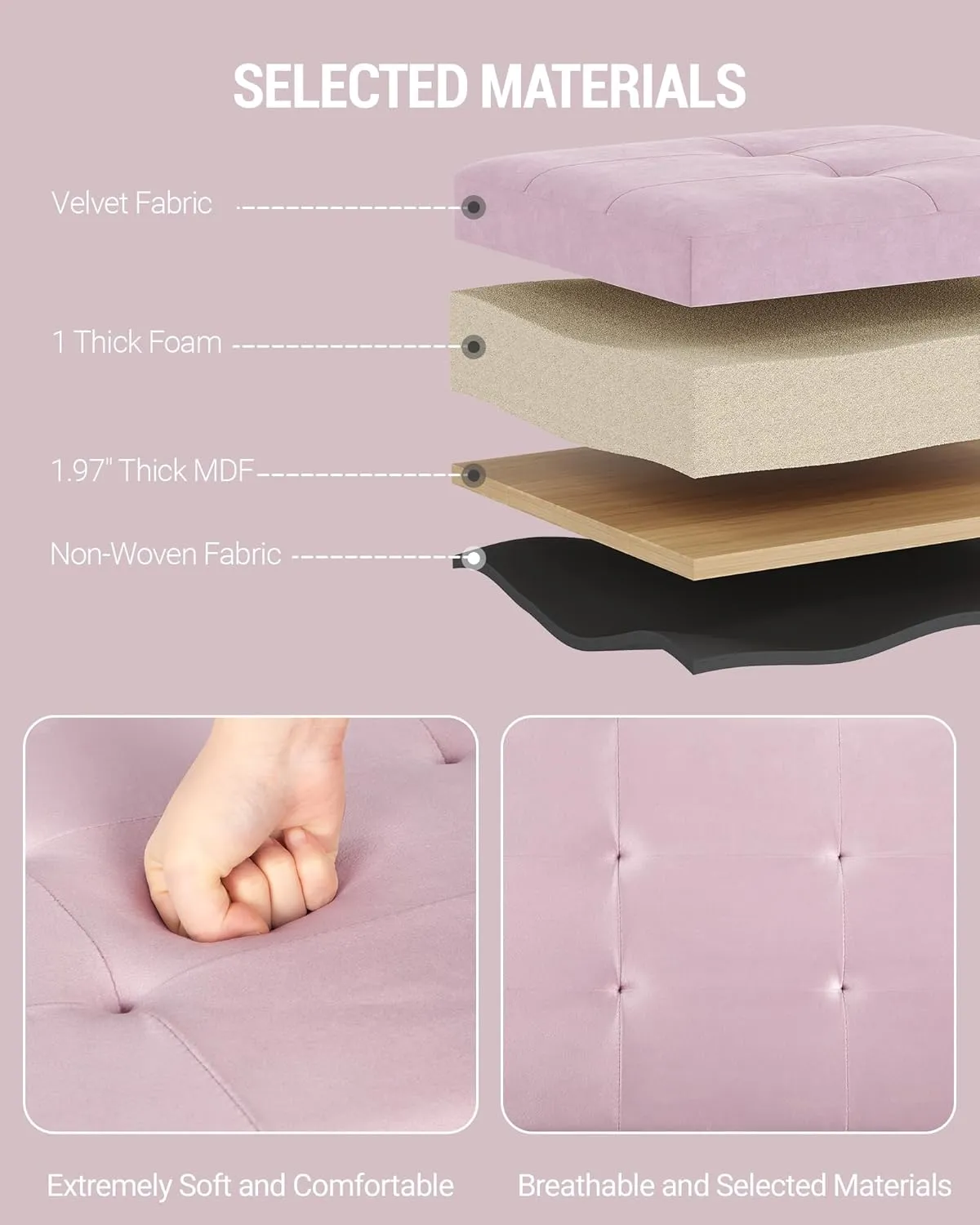 Storage Ottoman, Foldable Ottoman Foot Rest, Foot Stool, Bench with Storage, 660 lb Load Capacity, for Living Room, Bedroom, Dorm, Pink FSS10P01V2