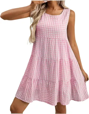 Summer Casual Plaid Midi Tank Dresses for Women 2025 Beach Vacation Sleeveless Tiered Ruffle A-Line Knee Length Sundress