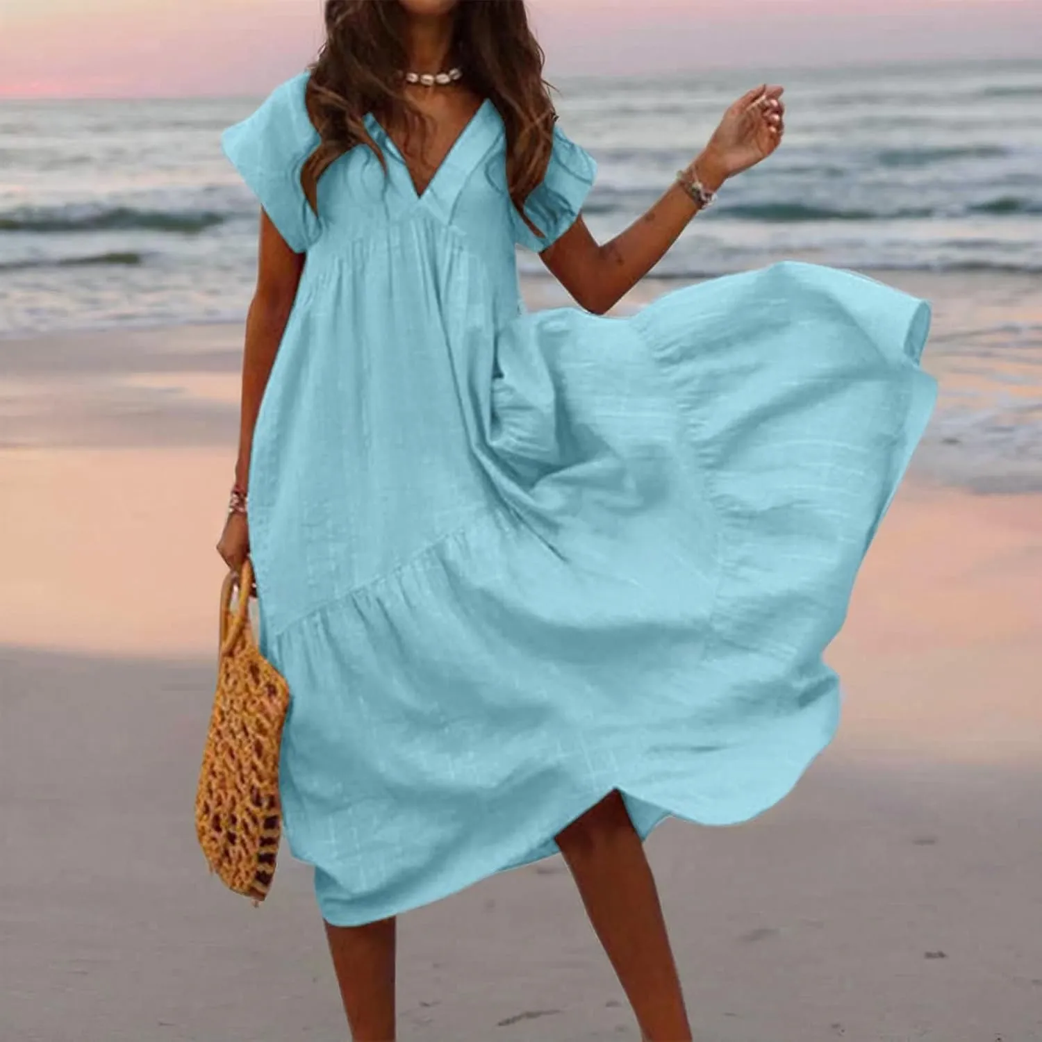 Summer Dresses for Women 2023,Plus Size Casual Cute Babydoll Dress,Tiered Ruffle Flowy Boho Beach Sundress