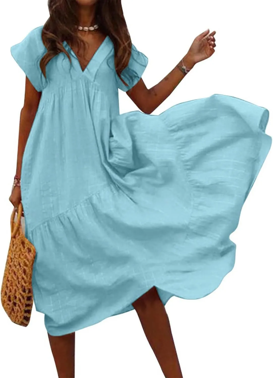 Summer Dresses for Women 2023,Plus Size Casual Cute Babydoll Dress,Tiered Ruffle Flowy Boho Beach Sundress