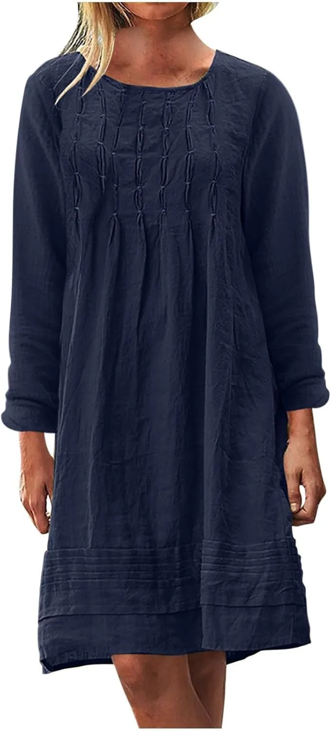Summer Dresses for Women 2025 Vacation Cotton Linen Sundresses Casual Long Sleeve Crewneck Loose Boho Beach Clothes