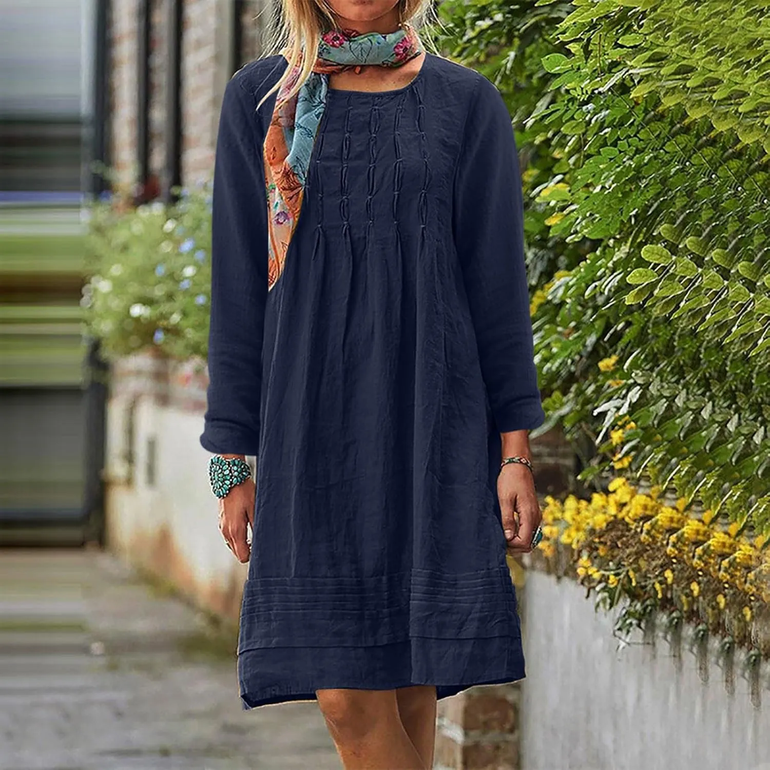Summer Dresses for Women 2025 Vacation Cotton Linen Sundresses Casual Long Sleeve Crewneck Loose Boho Beach Clothes