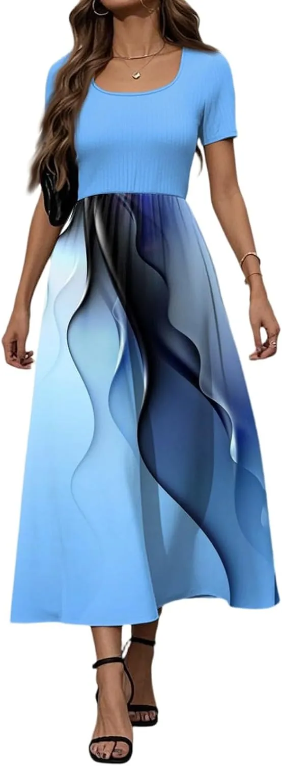 Summer Long Dresses for Women 2025 Trendy Floral Print Short Sleeve U Neck Dress High Waist A-Line Casual Elegant Dress