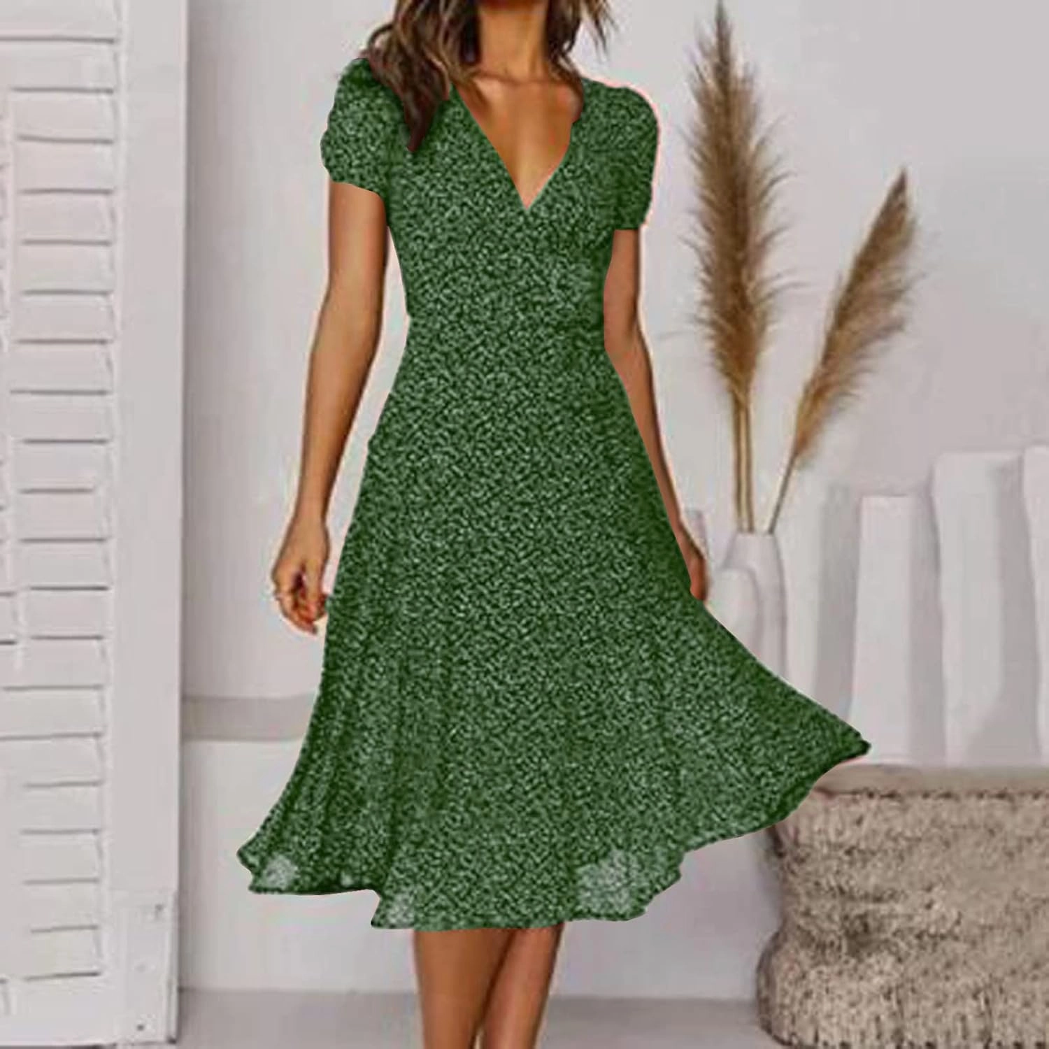 Summer Dresses for Women V-Neck Bandage Print Boho Maxi Dresses Casual Short Sleeve Flowy Swing Hawaiian Dresses