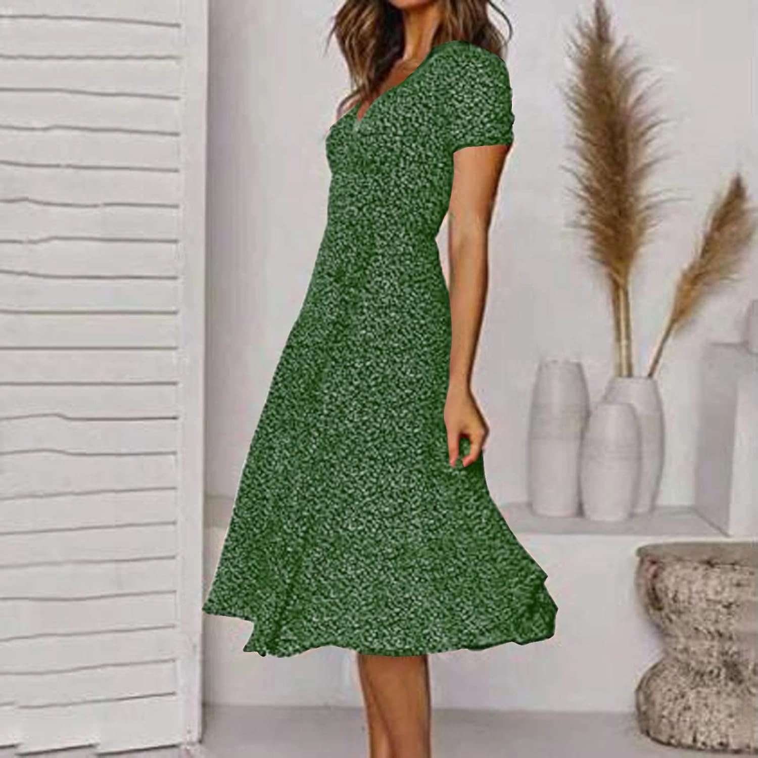 Summer Dresses for Women V-Neck Bandage Print Boho Maxi Dresses Casual Short Sleeve Flowy Swing Hawaiian Dresses