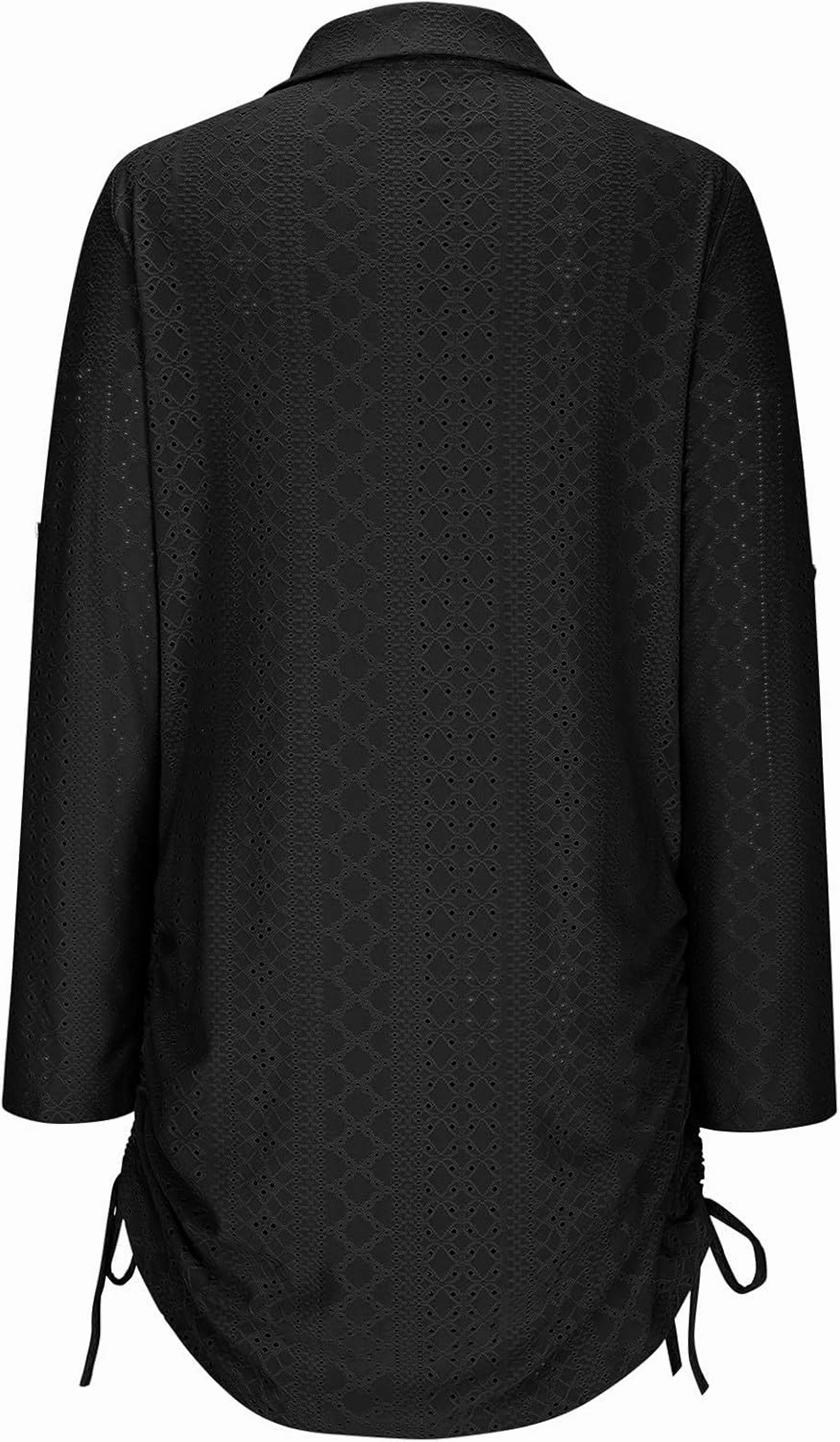 Summer Eyelet Beach Cover Up Dress for Women Lapel V Neck Roll Up Long Sleeve Drawstring Side Ruched Short Mini Dresses